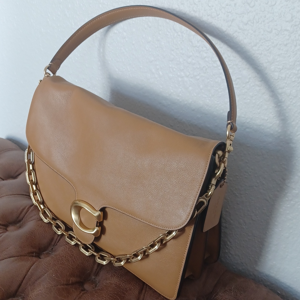 Coach Tan Leather Shoulder Bag with Gold Chain